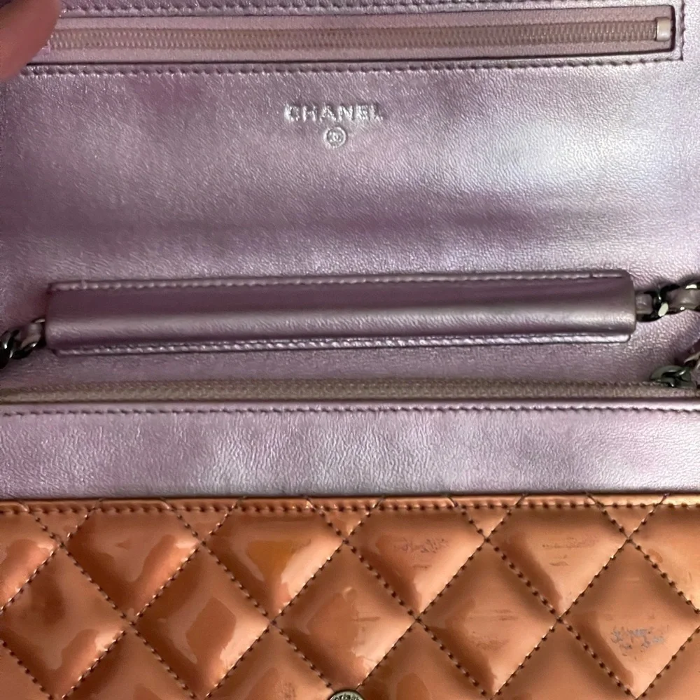 Chanel patent leather pink wallet on chain bag